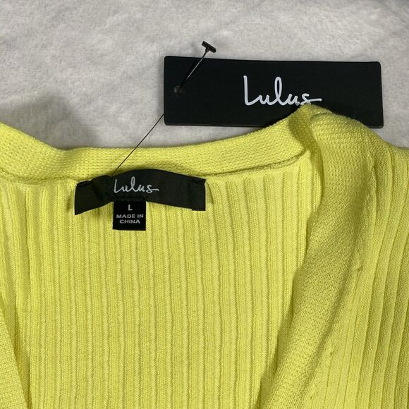 Lulus Bright Yellow Knit Two-Piece Cardigan Set Stretch Preppy Spring Sz Lg NWT - Picture 2 of 8
